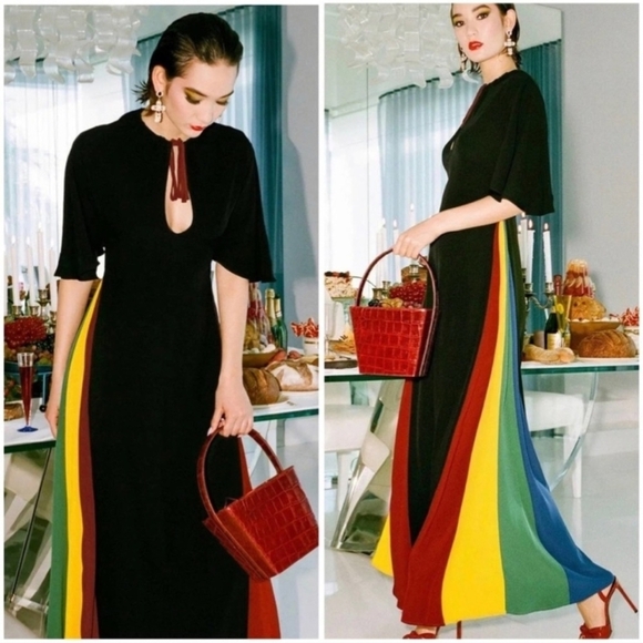 NWT Staud Victorian Vintage Black Rainbow Detail Maxi Dress Size 0 - Picture 9 of 10